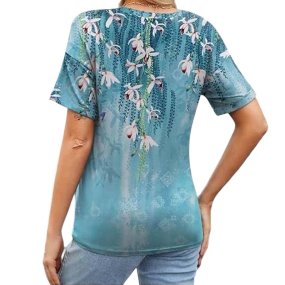 Hummingbird Floral Graphic Print V-Neck T-Shirt Short Sleeve Blue Pink White 2XL - Picture 6 of 12